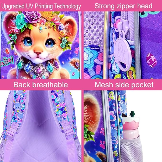 3Pcs Backpack for Girls, 16" Lion Kids Bookbag for Elementary Preschool Kindergarten, School Backpacks with Lunch Box(Purple)
