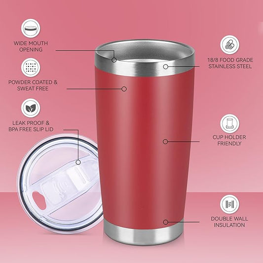 20 oz Tumbler Stainless Steel Tumblers Bulk with Lid Double Wall Insulated Coffee Tumbler Cups for Hot & Cold Drinks Powder Coated Travel Coffee Tumbler Mug Metal (Red, 12 pack)