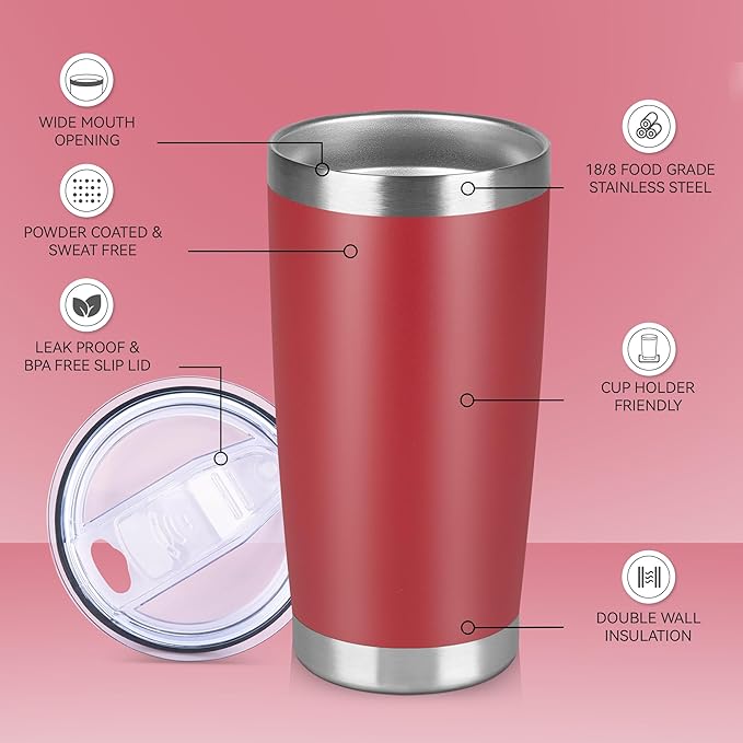 20 oz Tumbler Stainless Steel Tumblers Bulk with Lid Double Wall Insulated Coffee Tumbler Cups for Hot & Cold Drinks Powder Coated Travel Coffee Tumbler Mug Metal (Red, 6 pack)