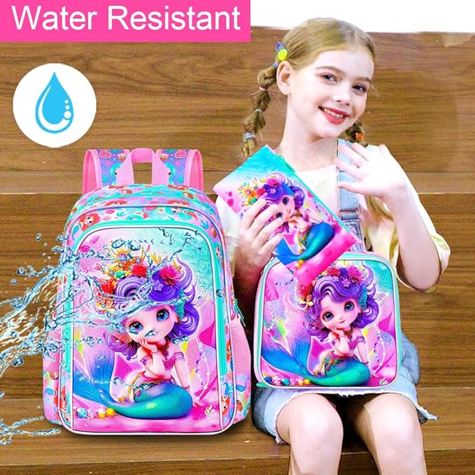 Mermaid Backpack, 16" Girls Kids Bookbag with Lunch Box，3Pcs School Backpacks for Elementary Preschool Kindergarten (Pink)