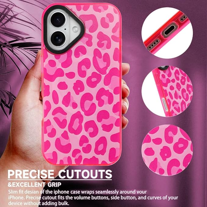 SAKUULO Magnetic for iPhone 16 Case Hot Pink Leopard Print Pattern [Compatible with MagSafe] [with Screen Protector] Wireless Charge Strengthen Protection Cover, Hot Pink Leopard (6.1")