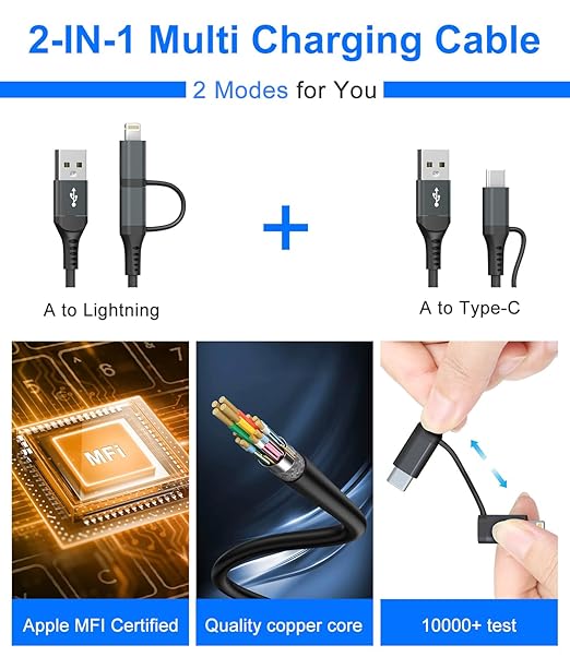 USB to USB C and Lightning Cable Support Apple Carplay & Android Auto - 3A Fast Charge & 480Mbps Data Sync Coiled Lightning Cable USB C iPhone Charger Cord for iPhone 16 15 14 13 12 11 Android