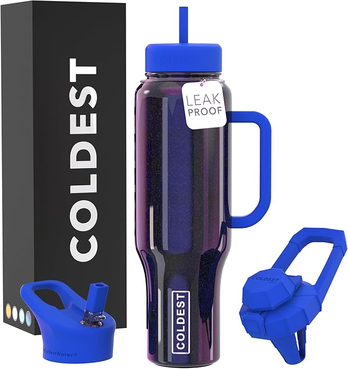 Coldest Tumbler with Handle and Straw, 100% Leak Proof Insulated Tumbler with Lid and Straw (3 Lids), Stainless Steel Tumblers for Women & Men, Cup Holder Friendly, 46 oz (Enchanted Blue)