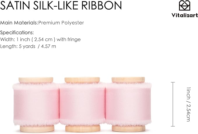 Vitalizart Pink Silk Satin Ribbon 1 Inch x 15 Yard Wooden Spool Handmade Frayed Ribbon for Gift Wrapping Baby Shower Wedding Bridal Bouquets Holiday Decor 3 Rolls x 5 Yard