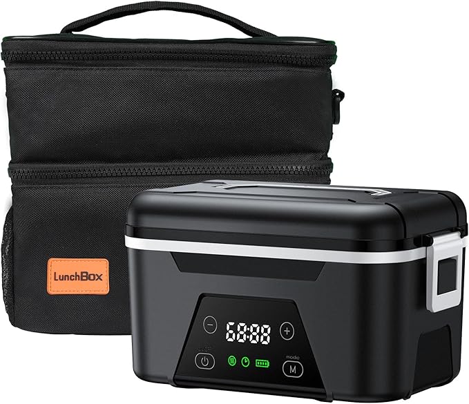 Cordless Heated Lunch Box for Adults, 1.5L (6 Cups) Portable Electric Lunch Box Battery Powered with Scheduled Heating, (All-round Heated) Rechargeable Food Warmer with Insulated Bag, Black