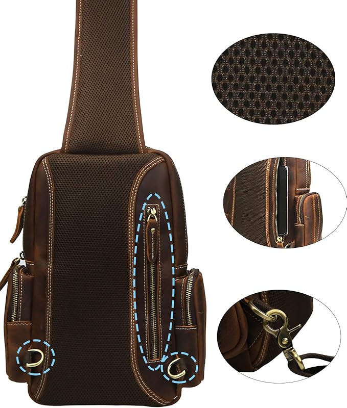 LANNSYNE Vintage Full Grain Leather Chest Sling Bag Fits 10.5 iPad Crossbody Single Strap Backpack for Men