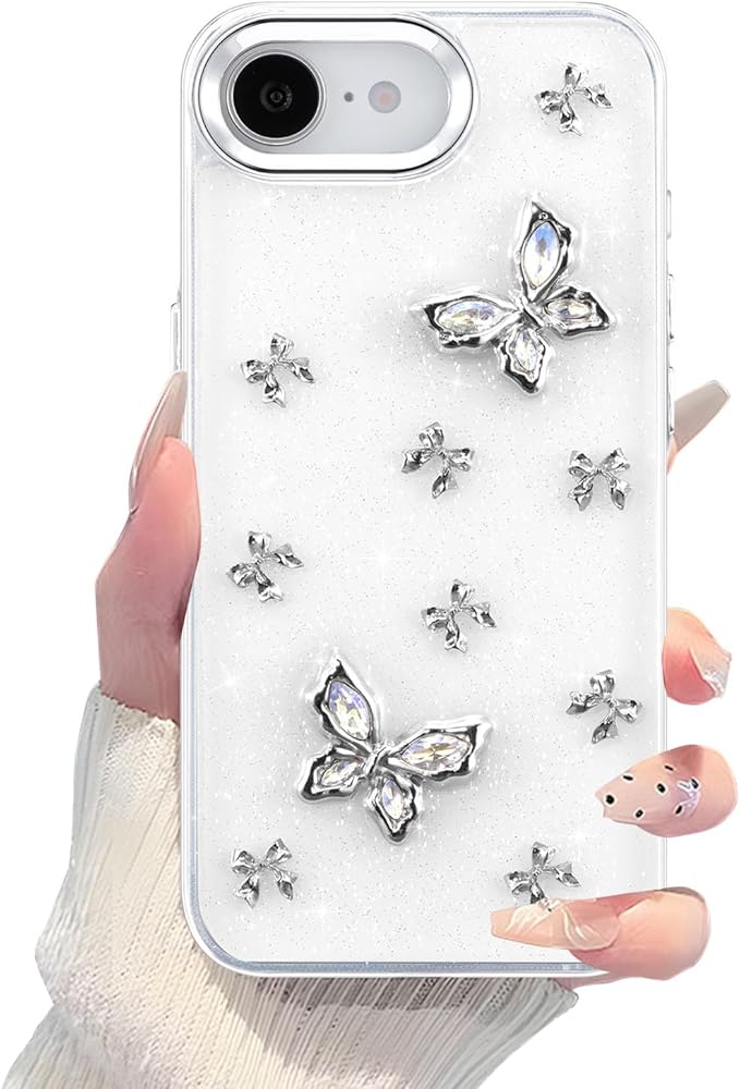 EYZUTAK Case for iPhone 16e, Bling Glitter 3D Butterflies Bowknot Phone Case Cute Crystal Clear Bow Aesthetic Case Slim Soft Durable TPU Transparent Protective Cover for Women Girls - Butterfly