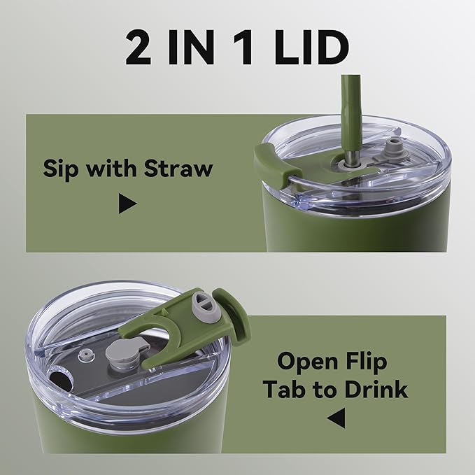 VEGOND 30 oz Insulated Stainless Steel Tumblers with lid and straw Bulk Pack Coffee Mug with Non-Slip Silicone Base, Sweat Proof Powder Coated Cup for Hot Cold Drinks, Army Green 8Pack