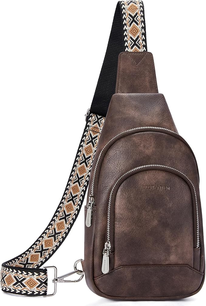 BOSTANTEN Sling Bag for Women Leather Crossbody Bag Vintage Cross Body Purse for Travel with Guitar Strap, Bohemian Style