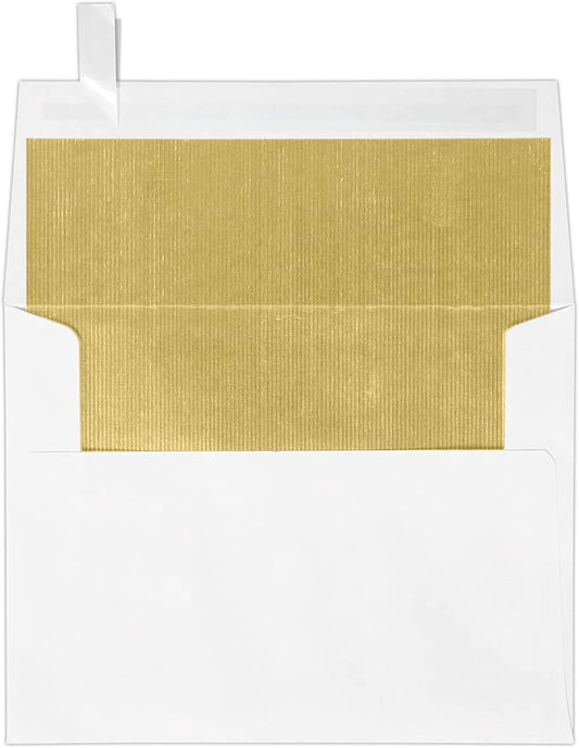 LUXPaper A2 Foil Lined Invitation Envelopes | Peel & Press | 4 3/8" x 5 3/4" | White w/Gold LUX Lining | 70lb. Text | 50 Qty