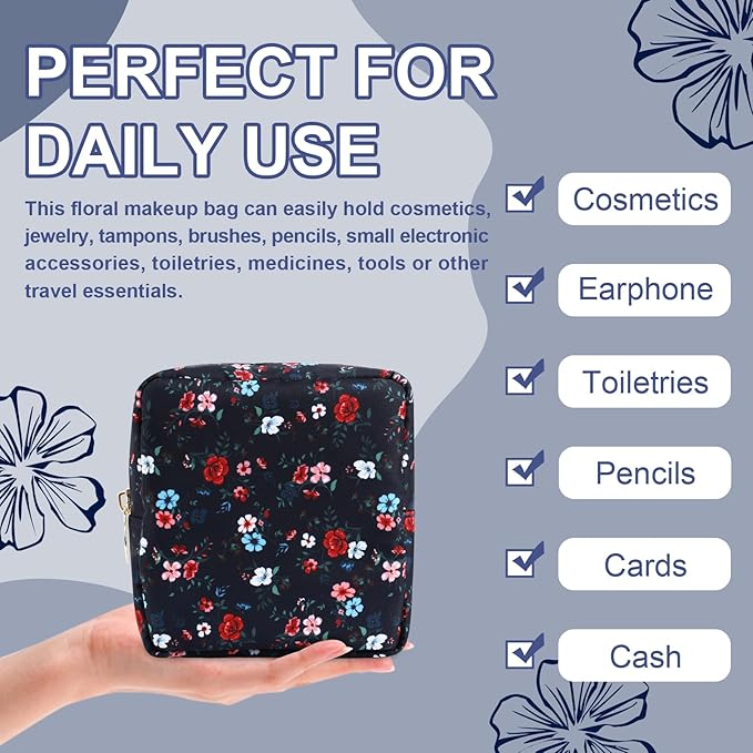 Waterproof Mini Floral Makeup Bag Pouch for Purse,Nylon Flower Cosmetic Travel Bag Small Preppy Toiletry Organizers Bag for Women Girl,Cute Zipper Pouch Coin Purse for Work(Mini Black-Flowers)