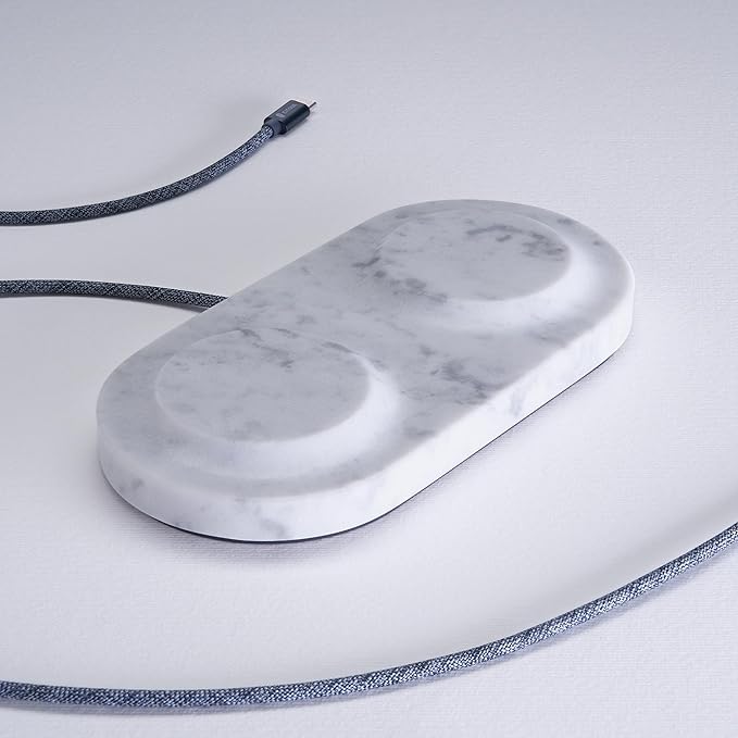 Einova Dual Classic Stone – Dual Wireless Charging Pad in Genuine Marble, Designed in Italy, Integrated 6 ft USB-C Cable, Smartphones, Wireless Earbuds, Smartwatches – White Carrara Marble