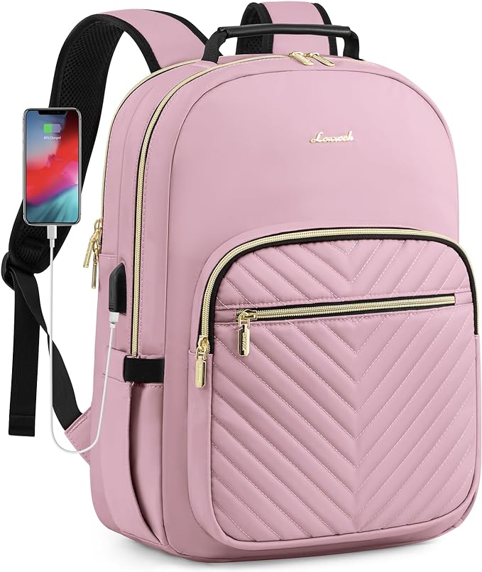 LOVEVOOK Laptop Backpack for Women, Travel Computer Work Bags with 17-inch Laptop Compartment, College School Student Bag Teen Backpacks For Girls, Outdoor Carry On Backpack Purse, Light Pink