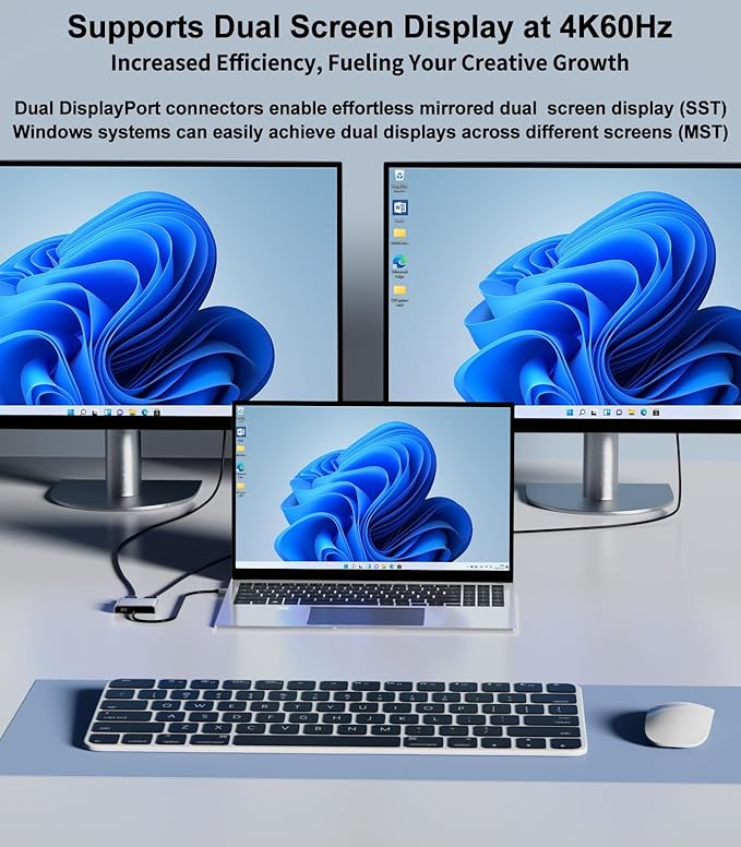 Mini DisplayPort to Dual DisplayPort Adapter for Dual Monitor Display, Thunderbolt 2 to 2 DP Female Splitter Extended Display Adapter, Compatible with MacBook Air, Mac iMac, Surface Pro, PC