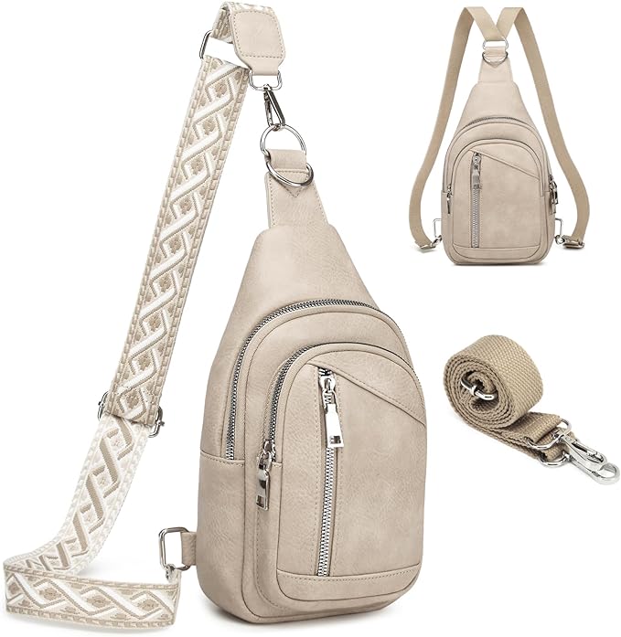 Sling Bag Crossbody Backpack - 2 in 1 Leather Cross Body Bag Fanny Pack with 2 Removable Straps