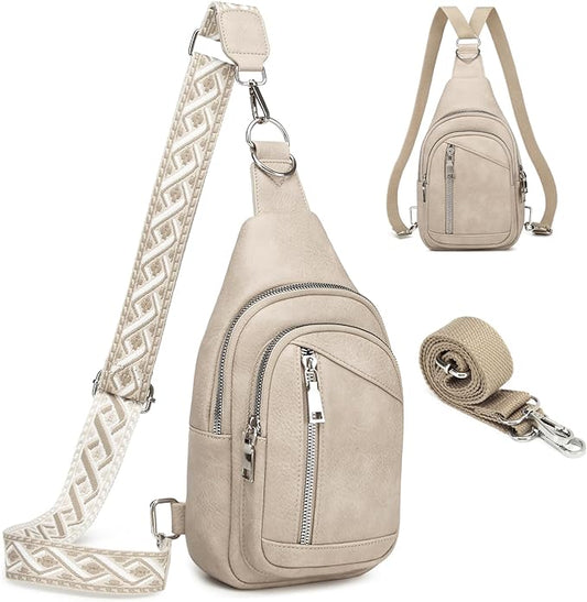 Sling Bag Crossbody Backpack - 2 in 1 Leather Cross Body Bag Fanny Pack with 2 Removable Straps