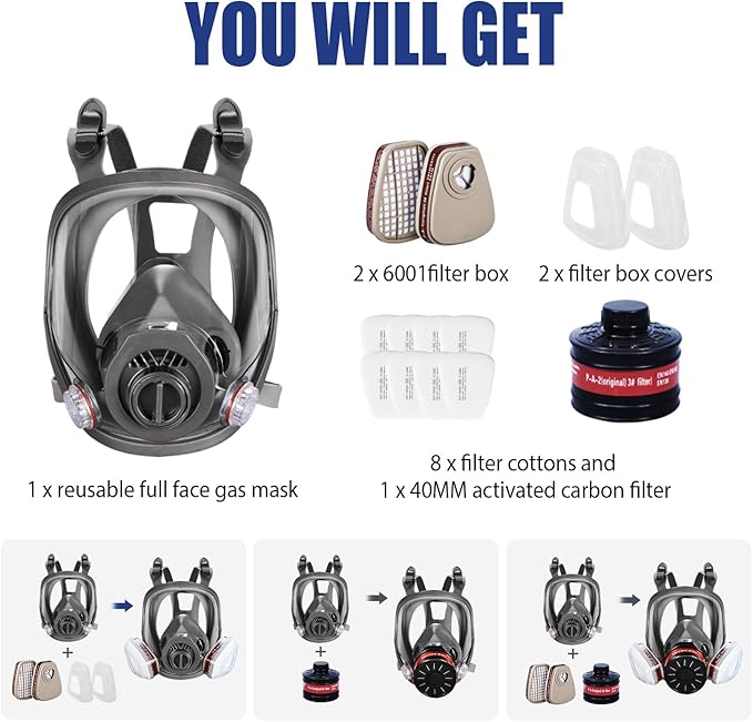 Gas Masks, Gas Masks Survival Nuclear and Chemical, Full Face Respirator Mask with 40mm Activated Carbon Filter and 6001 Filter,Reusable Respirator Mask for Gases, Vapors, Dust, Chemicals