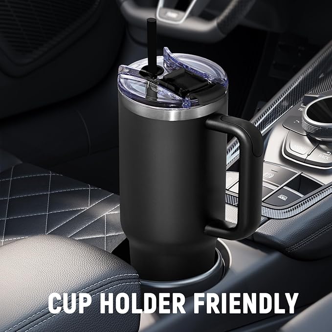 40 oz Tumbler with Handle and Straw Lid,Insulated Reusable Stainless Steel Water Bottle Travel Mug，Cupholder Friendly Double Wall Vacuum Sealed Cup (Black)