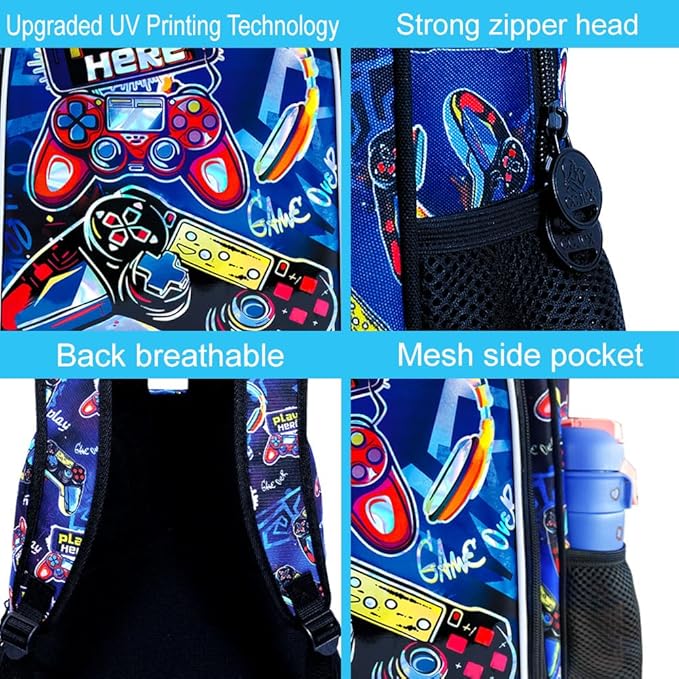 CCJPX 3PCS Gamer Backpack for Boys, 16 Inch Kids Water Resistant Preschool Bookbags, Cool Kindergarten School Backpacks and Lunch Box