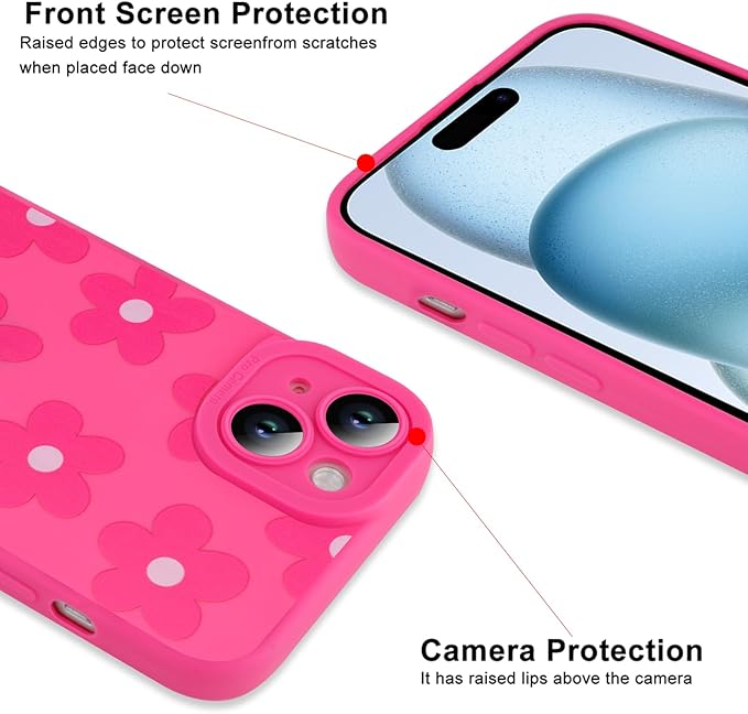 ZIYE for iPhone 15 Plus Case Hot Pink Flower Pattern Phone Case with Camera Protection,Soft TPU Silicone Rubber Protective Cover Floral Design Cases Compatible with iPhone 15 Plus 6.7 Inch