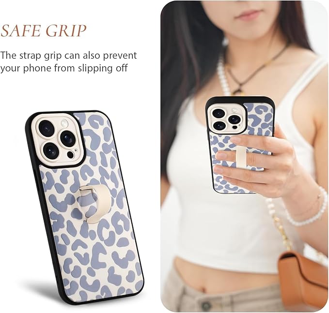Compatible with iPhone 13 Pro Max Case with Finger Hand Strap Kickstand, Trendy Cool Leopard Cheetah Print Phone Case for Women Men, Full Camera Protection Shockproof Protective Cover, White