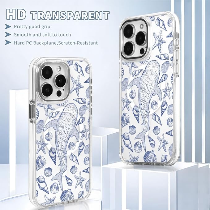DAIZAG Case for iPhone 14 Pro Max, [Compatible with MagSafe],Phone Case for Women Girls Magnetic Clear Cover,Blue Seashell Whale Shark Ocean