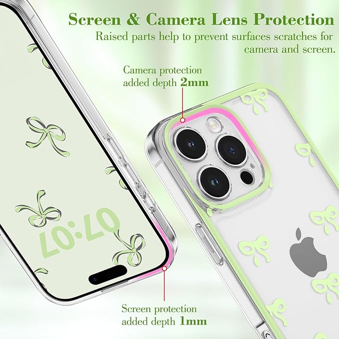 EYZUTAK Case for iPhone 17 Pro, Clear Cute Ribbon Bowknot Pattern Aesthetic Transparent Phone Case Raised Camera Protection Stylish Slim Soft Durable TPU Protective Cover for Women Girls - Green