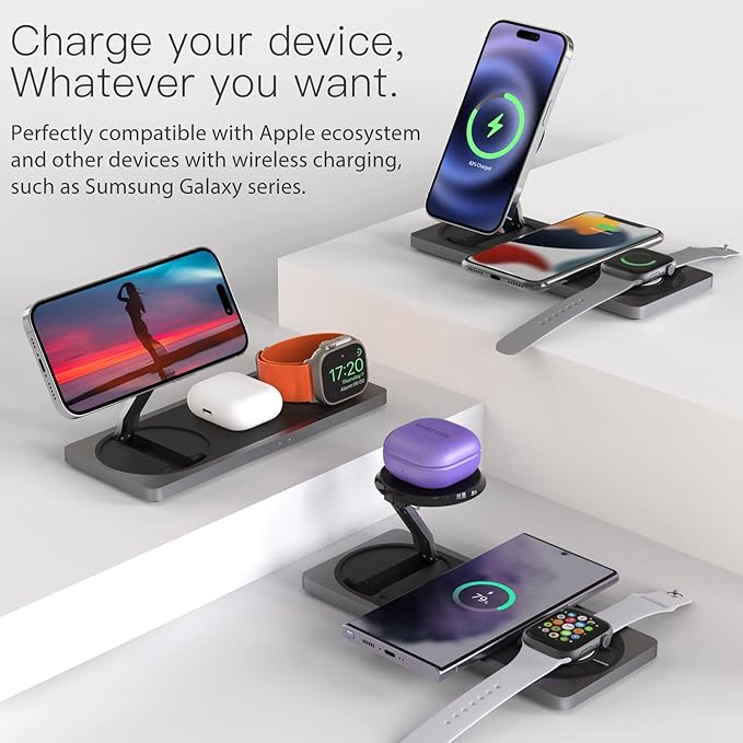 3 in 1 Charging Station for Apple Devices: Used for iPhone and Watch Charging Station with Magsafe Charger Stand, Wireless Charger for iPhone 16/15/14/13/12, Apple Watch 1-9/Ultra, AirPods 3 Pro
