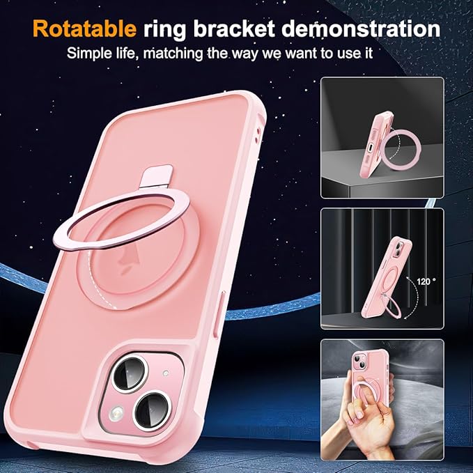 Compatible with iPhone 14 Plus Case with Invisible Magnetic O-Ring Stand Military-Grade Translucent Case for iPhone 14 Plus 6.7" [Compatible with Mag-Safe][Great Grip Feeling], Pink