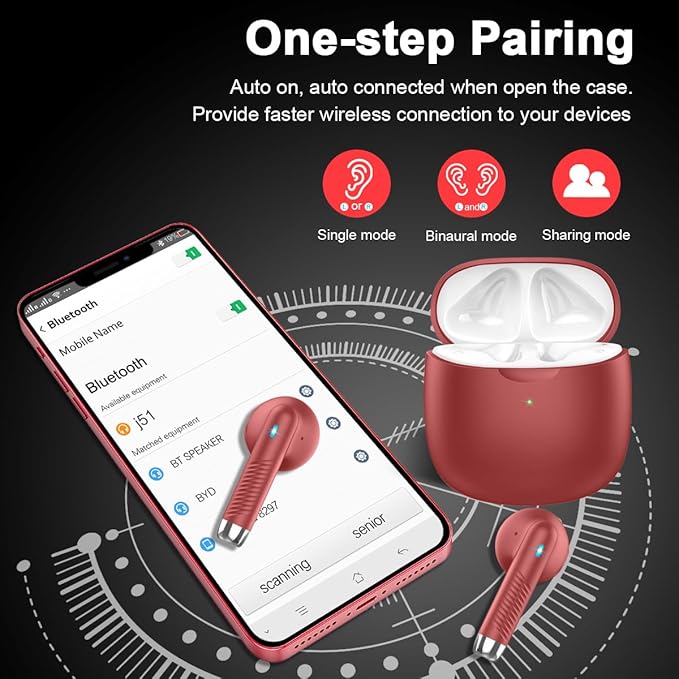 Wireless Earbuds, Bluetooth 5.4 Earbuds Stereo Bass, Bluetooth Headphones in Ear Noise Cancelling Mic, Earphones IP7 Waterproof Sports, 32H Playtime USB C Charging Case Red Ear Buds for Android iOS