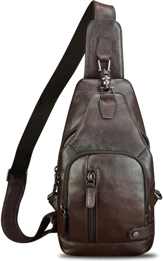 IVTG Genuine Leather Sling Bag Vintage Crossbody Shoulder Bag Handmade Casual Backpack Fanny Purse Chest Bag (Coffee)