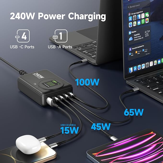 240W GaN Charger, 5-Port USB C Charger with 140W Max PD 3.1 Port, LED Display Desktop Charging Station Adapter for MacBook Pro/Air M3/M2/M1, Laptops, iPhone 15/14, Galaxy S24/S23, iPad, Steam Deck