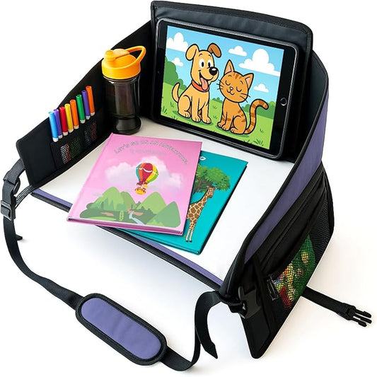 Kids Travel Tray for Car Seat- Purple- The Essential Travel Lap Desk with Removable Tablet Holder, Built-In Storage, and Stabilized Panels, Must Have Car Tray for Kids on Road Trips