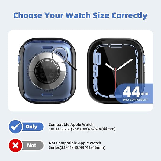 2 Pack Waterproof Case for Apple Watch Screen Protector SE SE 2 SE 3(2025) Series 4 5 6 44mm Built-in Tempered Glass Overal Protective 2 in 1 Ultra-Thin PC Bumper Cover Compatible iWatch