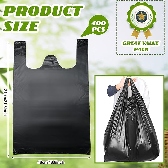 Kisston 400 Count Jumbo Size Plastic T Shirt Bags with Handles, 35 Mic, XX Large Plain Plastic T Shirt Grocery Bags, Thick and Heavy Duty (Black,32" x 19")