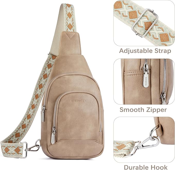 BOSTANTEN Sling Bag for Women Leather Crossbody Bag Vintage Cross Body Purse for Travel with Guitar Strap, Bohemian Style
