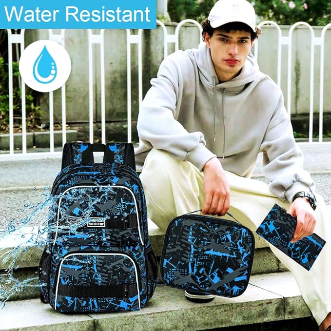 17 Inches Backpack for Boys Men, 3Pcs College Laptop Backpacks with Lunch Bag, Water Resistant Graffiti School Bookbag Set for Teens Students(Blue)