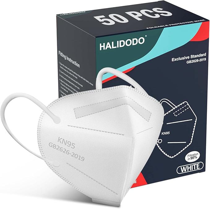HALIDODO 50 Packs KN95 Face Mask 5-Ply Filter Safety Mask (50PCS-White Color)
