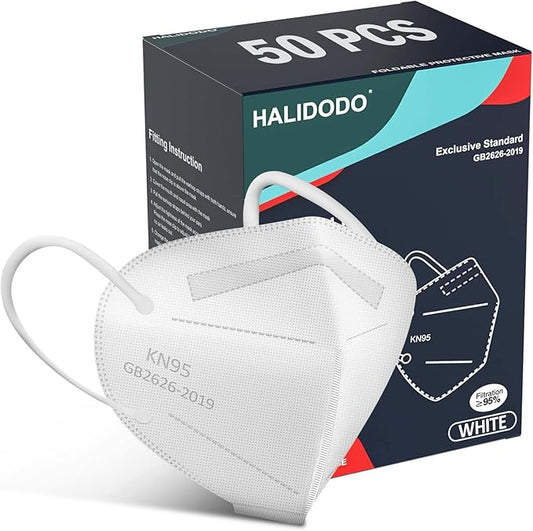 HALIDODO 50 Packs KN95 Face Mask 5-Ply Filter Safety Mask (50PCS-White Color)
