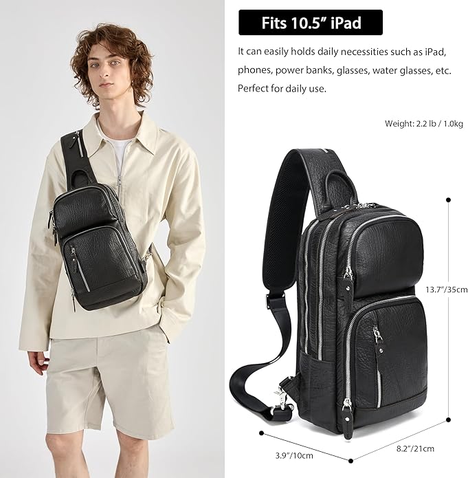 LANNSYNE Full Grain Leather Sling Bag For Men Crossbody Chest Daypack fits 10.5" iPad