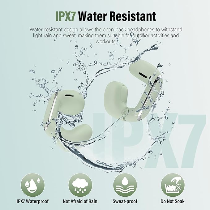 Wireless Earbuds, Clip On Ear Headphones, Bluetooth 5.4 HiFi Stereo Earbuds,42H, LED Display Ear Buds, Comfortable Lightweight, IP7 Waterproof Open Ear Earphones, Earbud for Workouts Running, Green