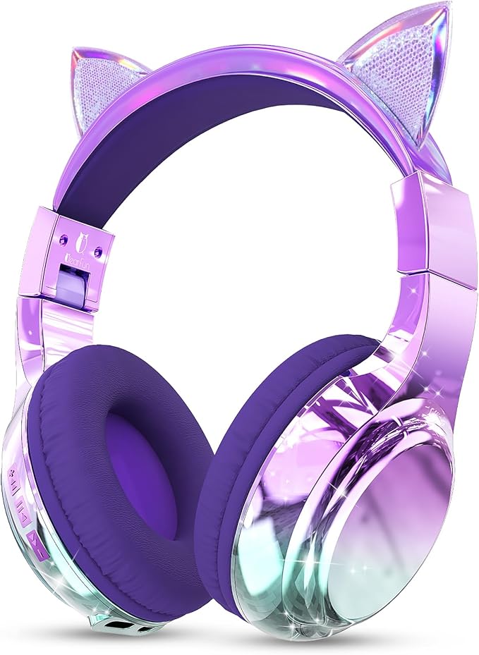 QearFun Kids Cat Ear Bluetooth Headphones, 60H Playtime, 74/85/94dB Safe Volume Limit, Metallic Gradient Wireless Headset with Mic, Fast Charging, Foldable, Wired Mode for Girls School/Tablet/Travel