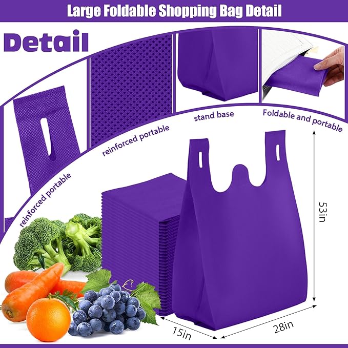 Windyun Large Grocery T-shirt Bags Bulk Reusable Non Woven Shopping Bag Foldable Gift Tote with Handle, 21x11x6 Inch