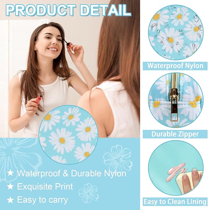 Waterproof Small Floral Pencil Case Makeup Bag for Purse,Cute Flower Pencil Pouch Preppy Nylon Makeup Brush Holder with Zipper,Girls Portable Storage Case Small Pen Bag for Work(Slim Blue-Daisy)
