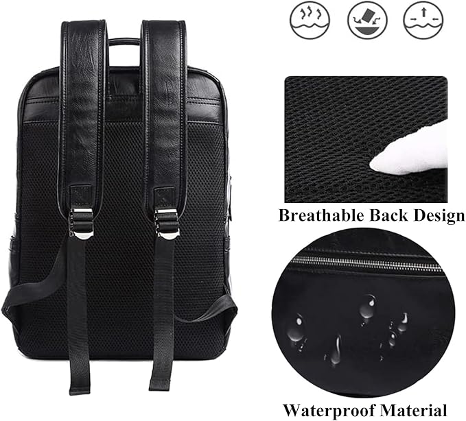 CHAO RAN Vintage Leather Laptop Backpack for Men, Large Waterproof Travel Black Rucksack, Work Knapsack Fit up to 16 inch Laptop, Business Backpack for commute College (Black)