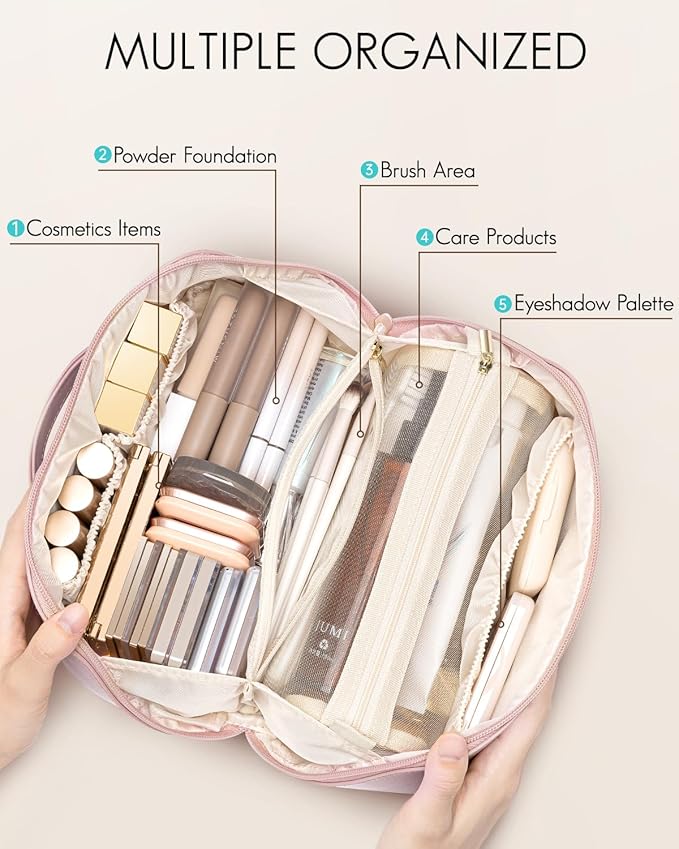Vlando Makeup Bag,Large Capacity Toiletry Bag for Women Waterproof Portable Make up Pouch PU Leather Open Flat Cosmetic Bag(Pink)