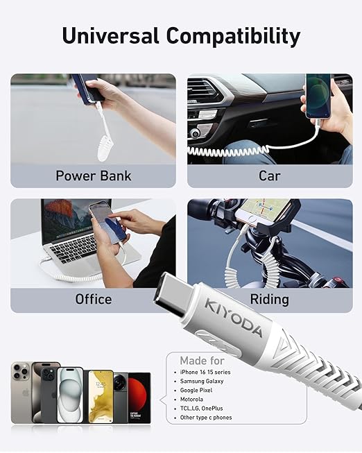 Coiled USB C to C Cable 3ft+6ft, Coiled USB C Cable for Car, Braided Type C Charger 66W Fast Charging Cord Compatible with iPhone 17 16 15, iPad, Samsung Galaxy, Google Pixel, Moto, LG Phones-Silver