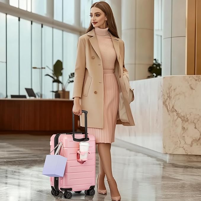 KYME Pink Hardside Expandable Carry On Luggage 22x14x9 Airline Approved 20 Inch Hardshell Carry On Suitcase with Wheels TSA Lock Small Travel Rolling Luggage with Cup Holder for Women