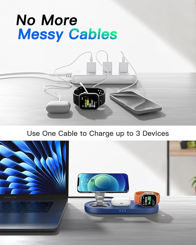 Upgraded 3 in 1 Wireless Charging Station for Apple Devices, Faster Mag-Safe Charger Stand, Magnetic Charger Station for iPhone 16/15/14/13/12 Series & AirPods Pro & Apple Watch Series (Sapphire Blue)