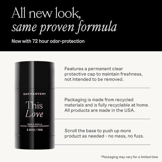 Each & Every Aluminum Free Deodorant for Women & Men - All Natural Deodorant for Sensitive Skin, EWG Verified - Clean, Baking Soda-Free, Plant-Based Fragrance, Rose & Vanilla, 2.5oz